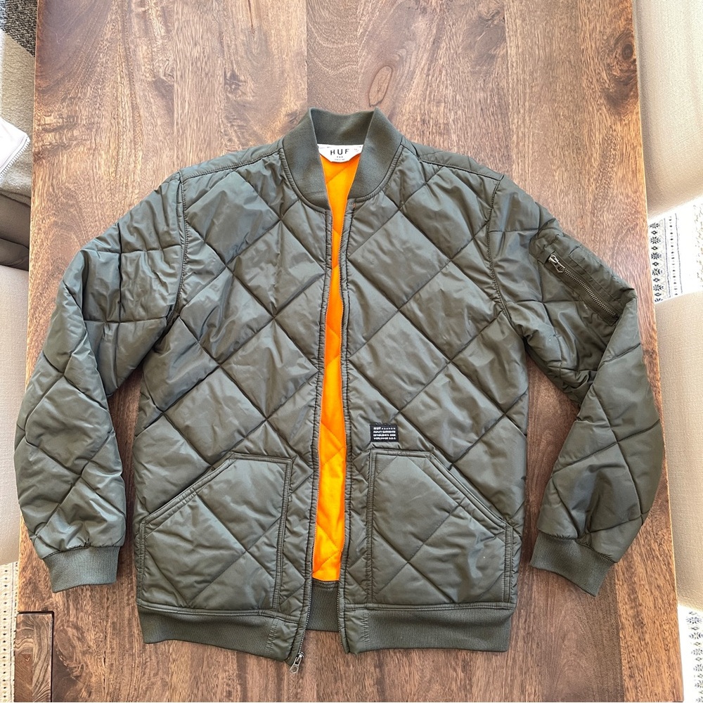 HUF Olive Quilted Bomber Jacket with Bright Orange Lining